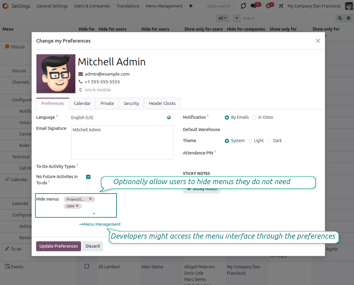 Odoo user menu preferences