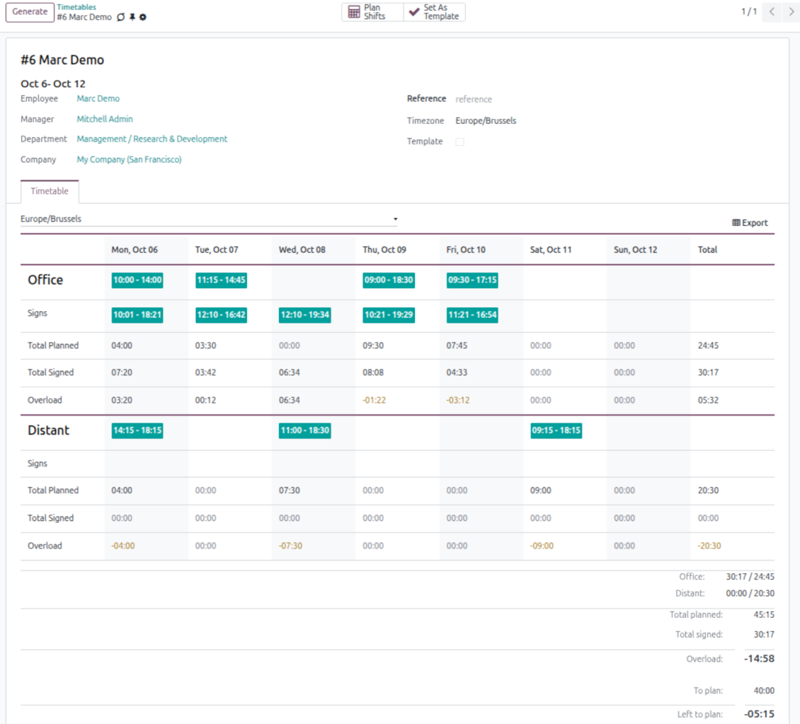 Odoo shifts for timetables