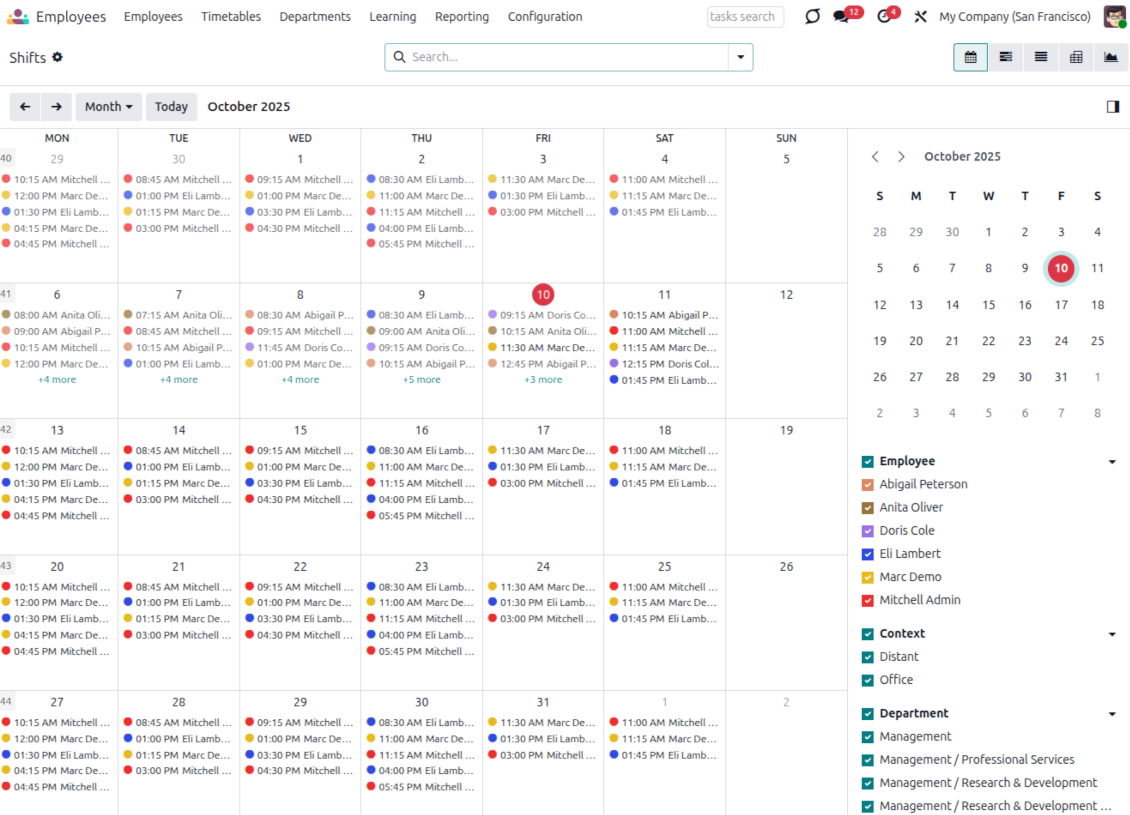 Monthly view for the working calendar