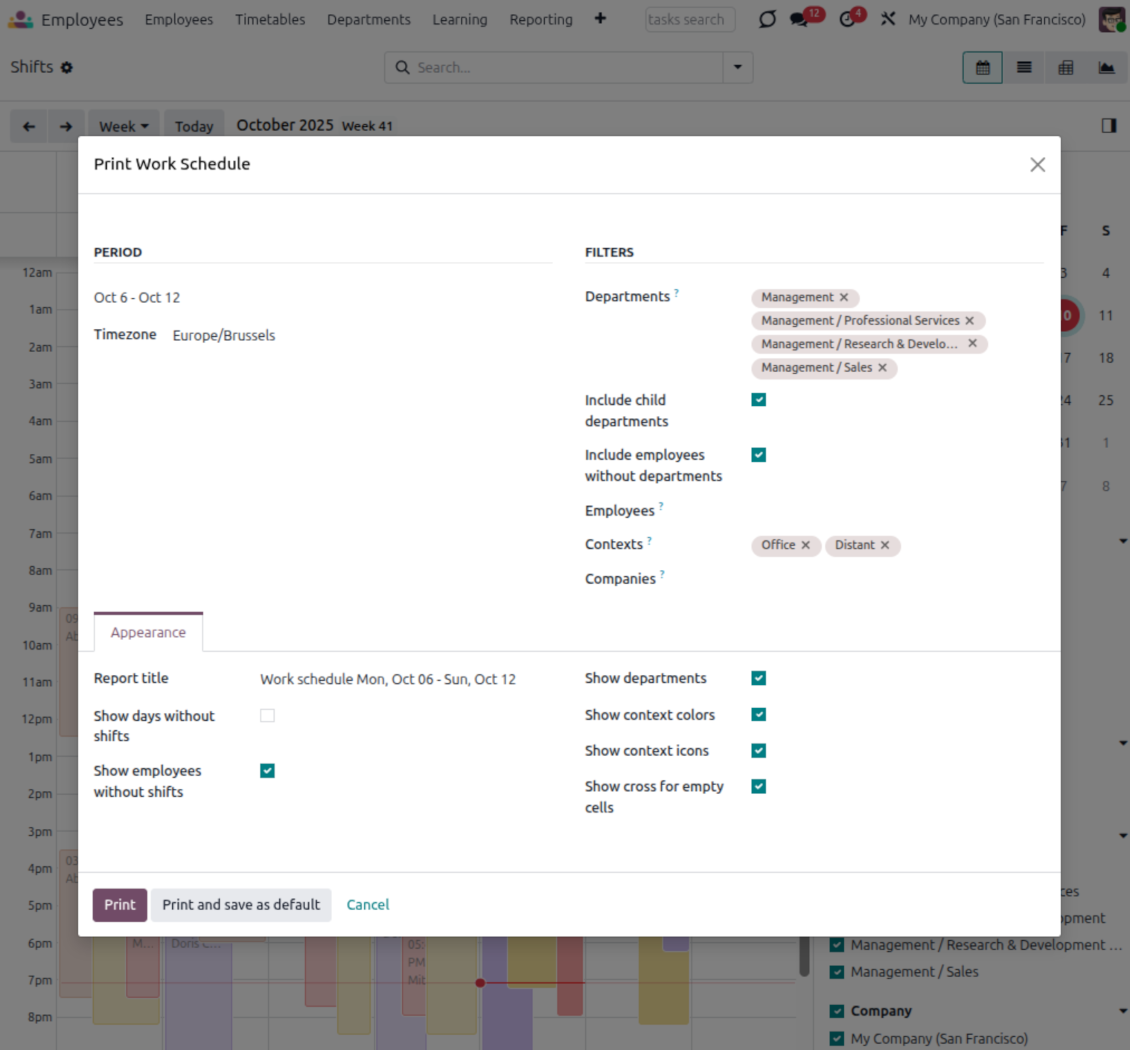 Odoo shifts scheduling wizard