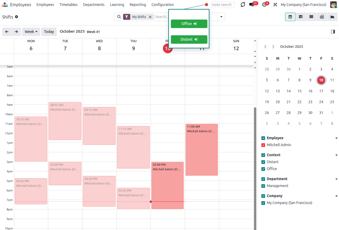 Odoo systray attendance context