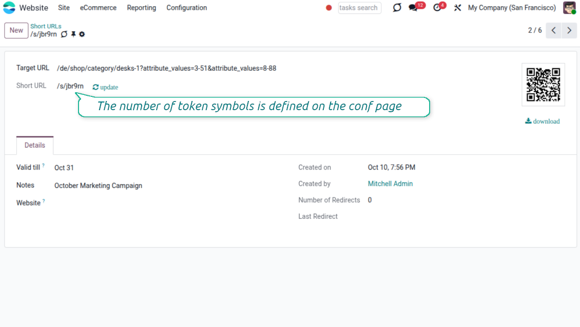 Odoo URL shortener auto tokens