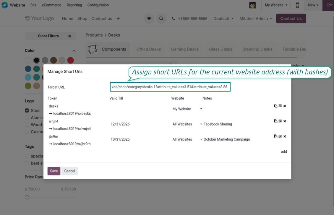 Odoo URL shortener from the website