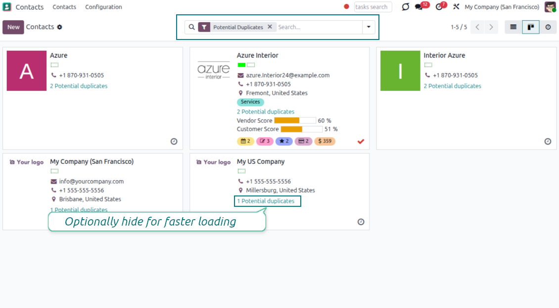Odoo partners duplicates: kanban view and the filter