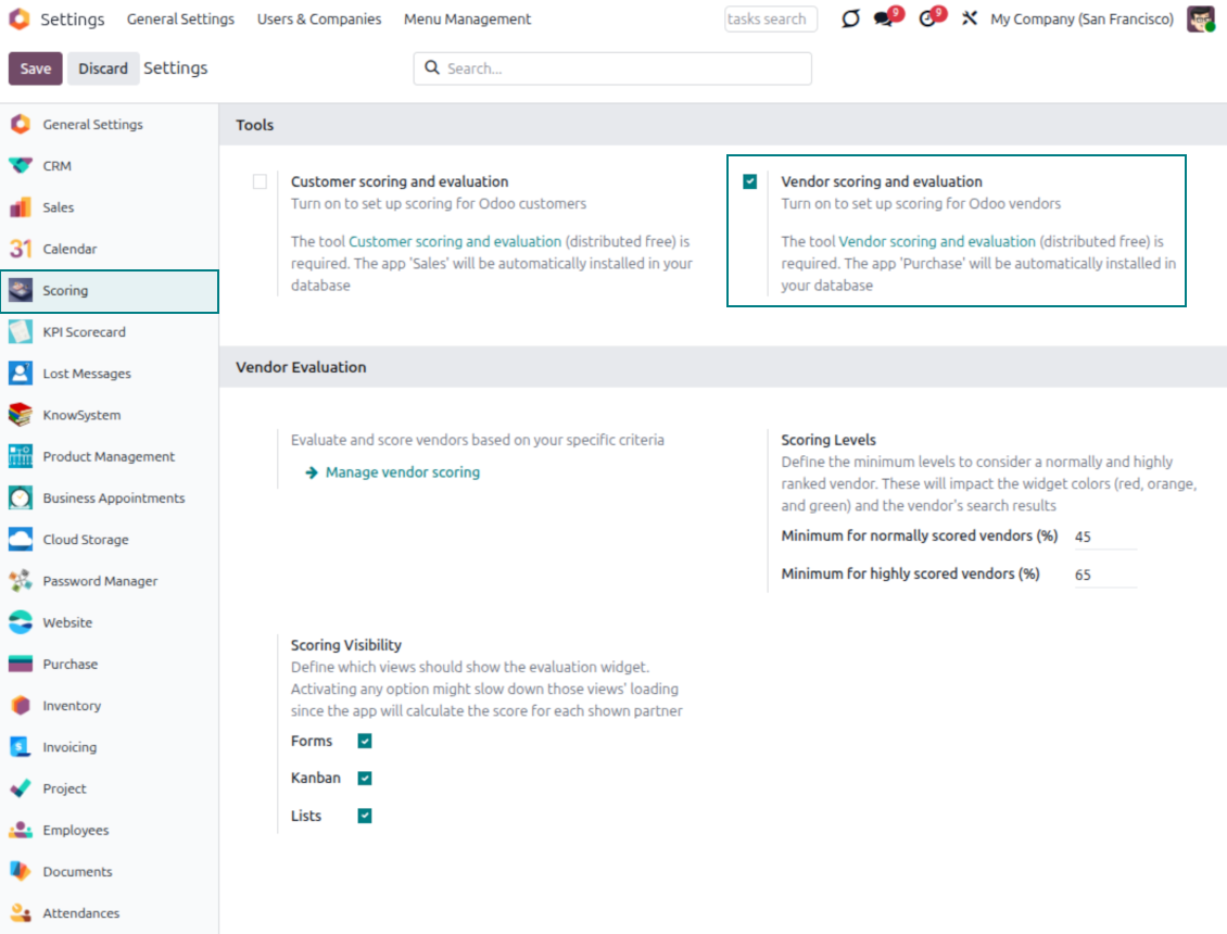 Supplier scoring configuration page