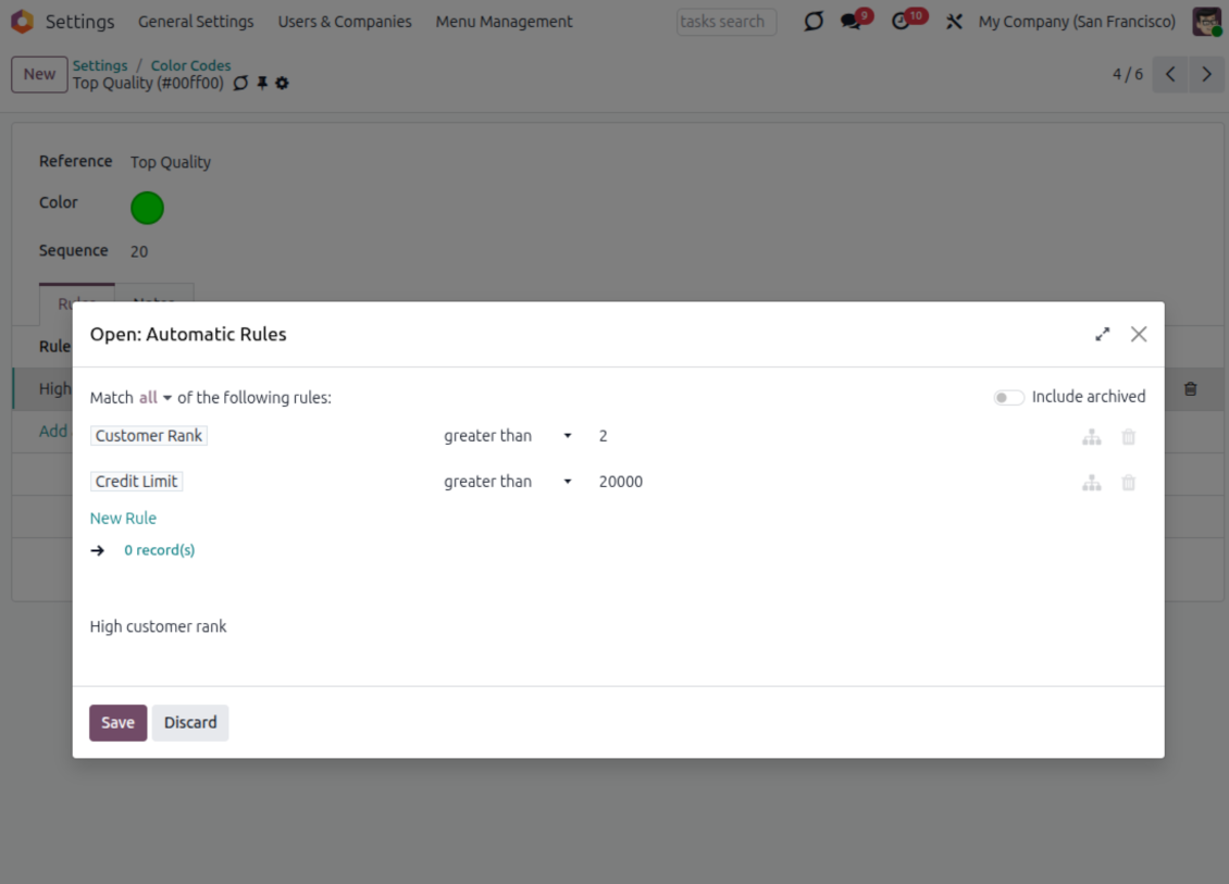 Multiple criteria in color code rules