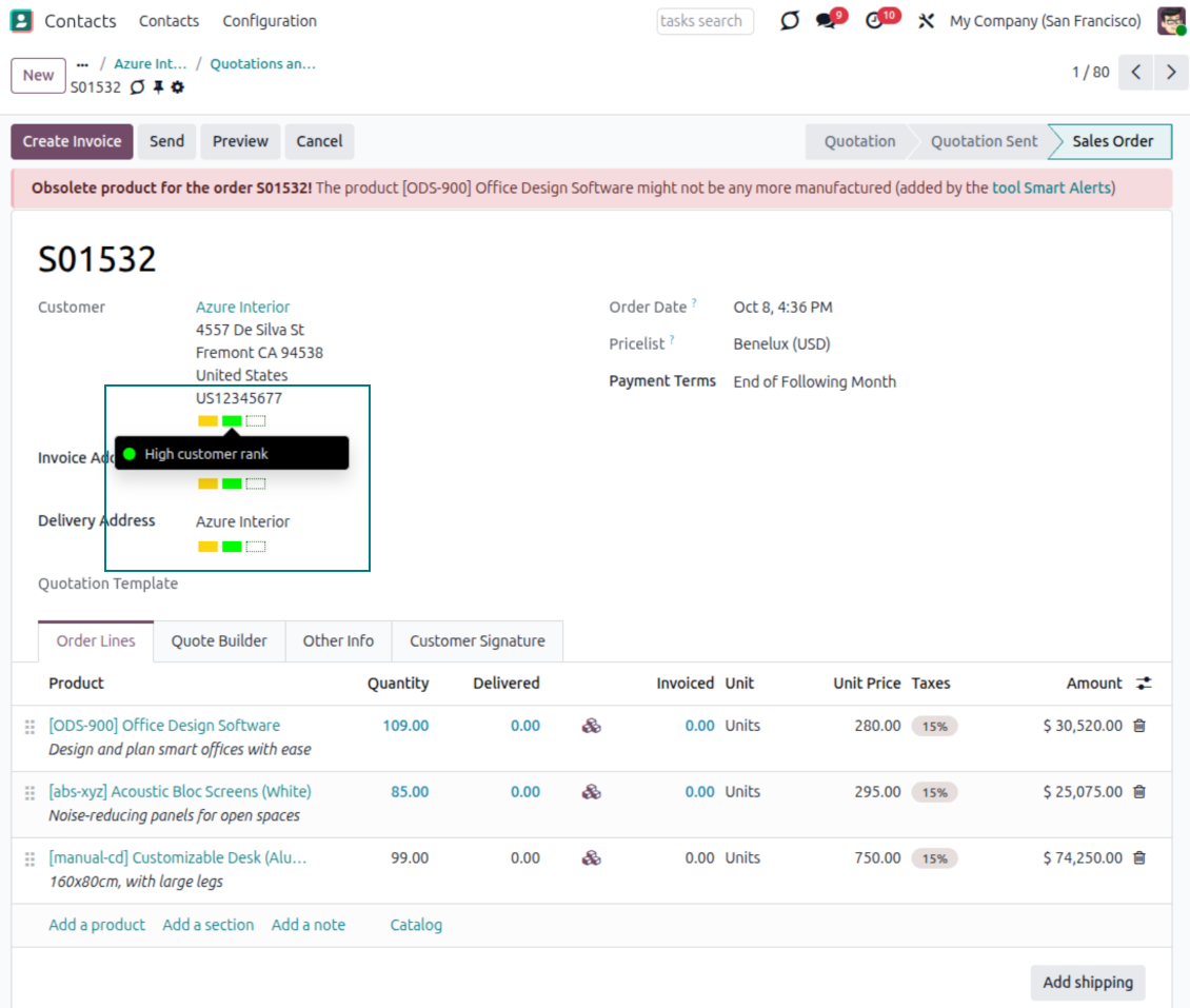 Sale order: colors for a customer