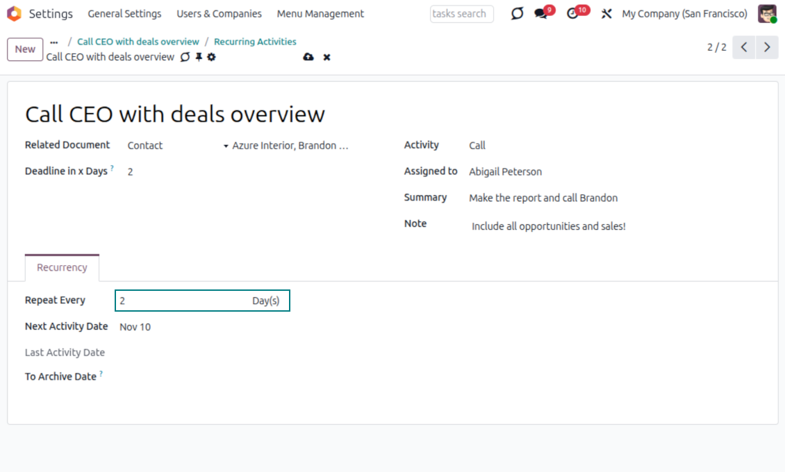 Recurring activities with x-days frequency
