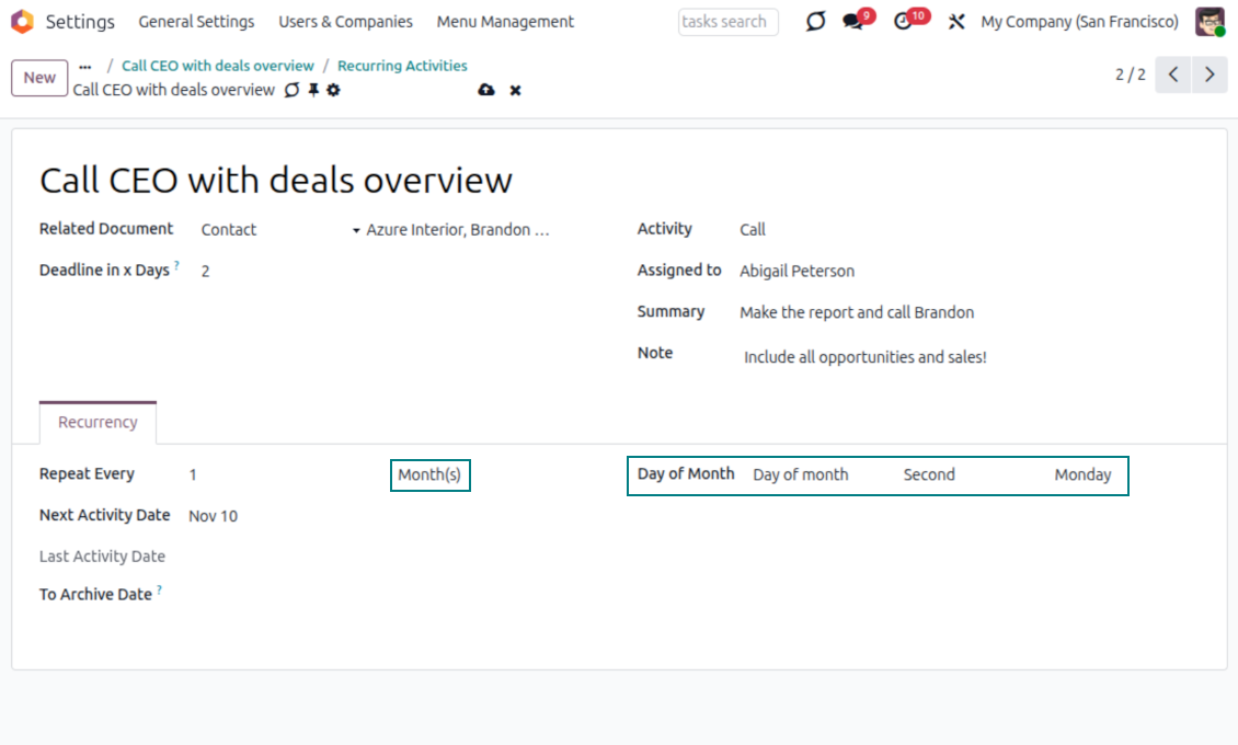 Schedule activities by months