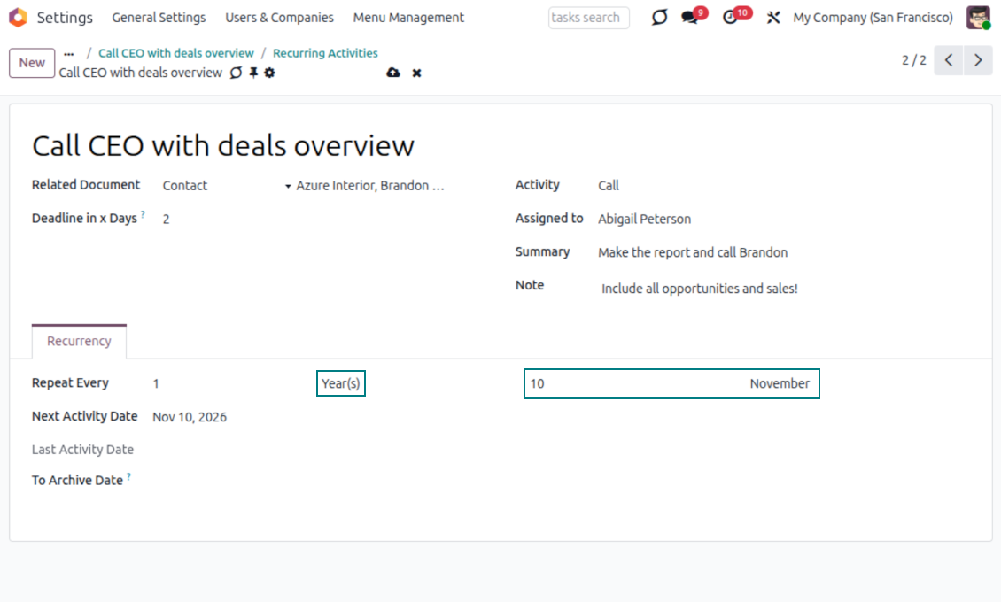 Recurrence with yearly frequency