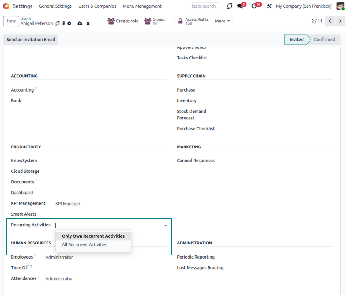 Odoo user rights for repetitive activities