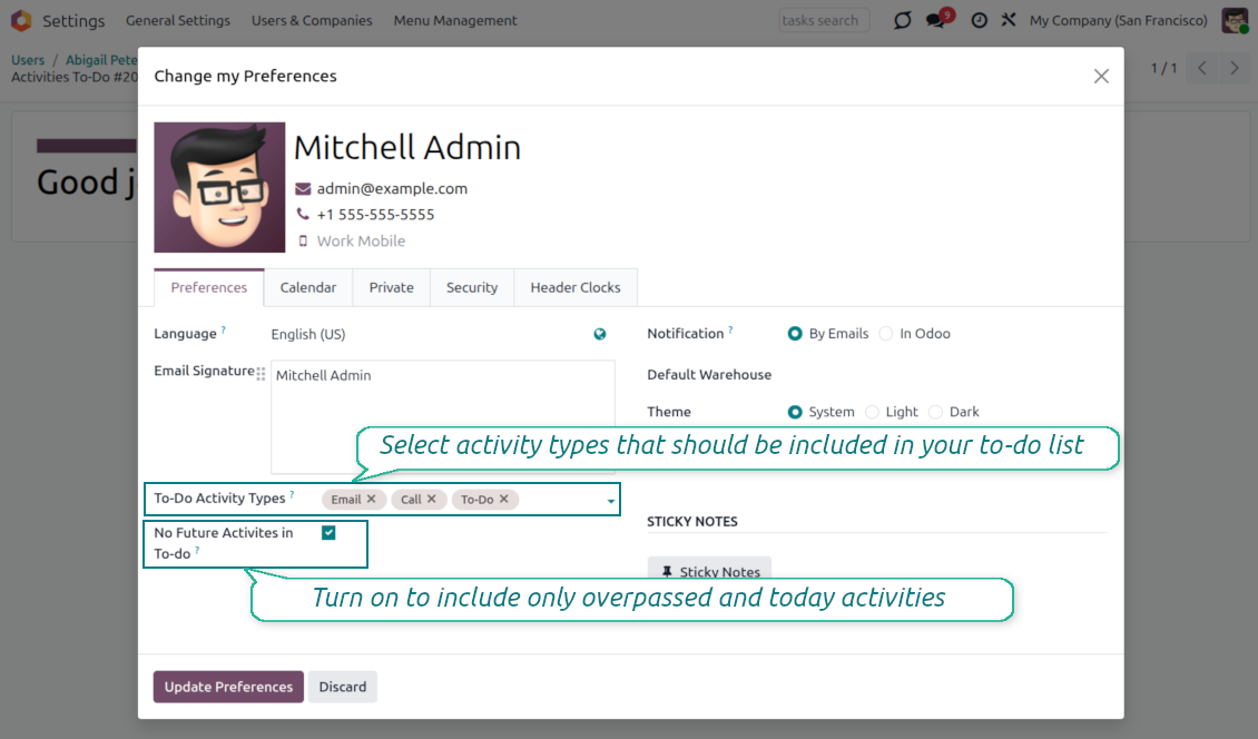 Activity types: Odoo user preferences