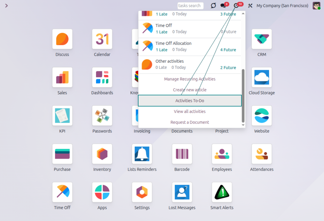 Odoo activities interface: shortcut