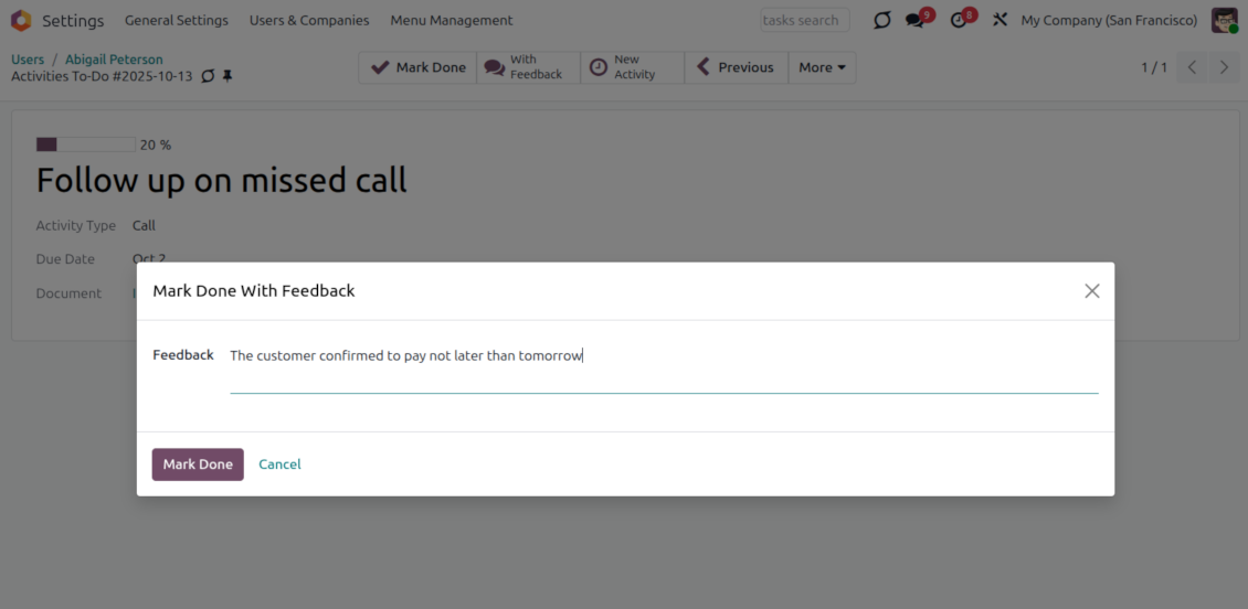 Mark the activity done with comments