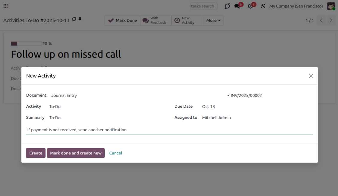 Odoo activities: create right from the to-do interface