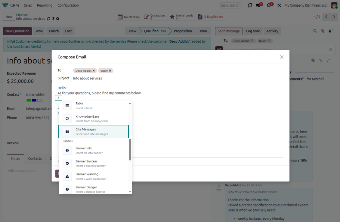 Odoo email composer quick link for citation
