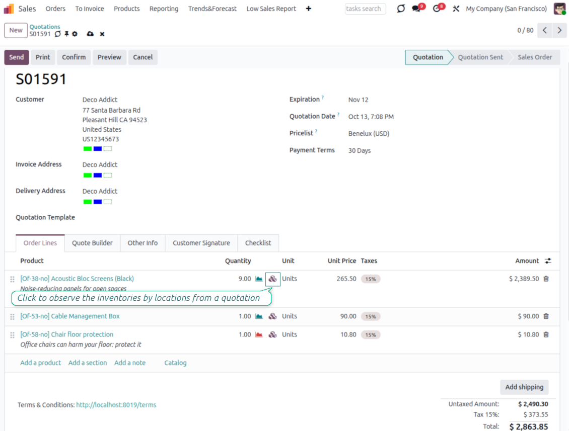 One click to observe inventories from a sale line