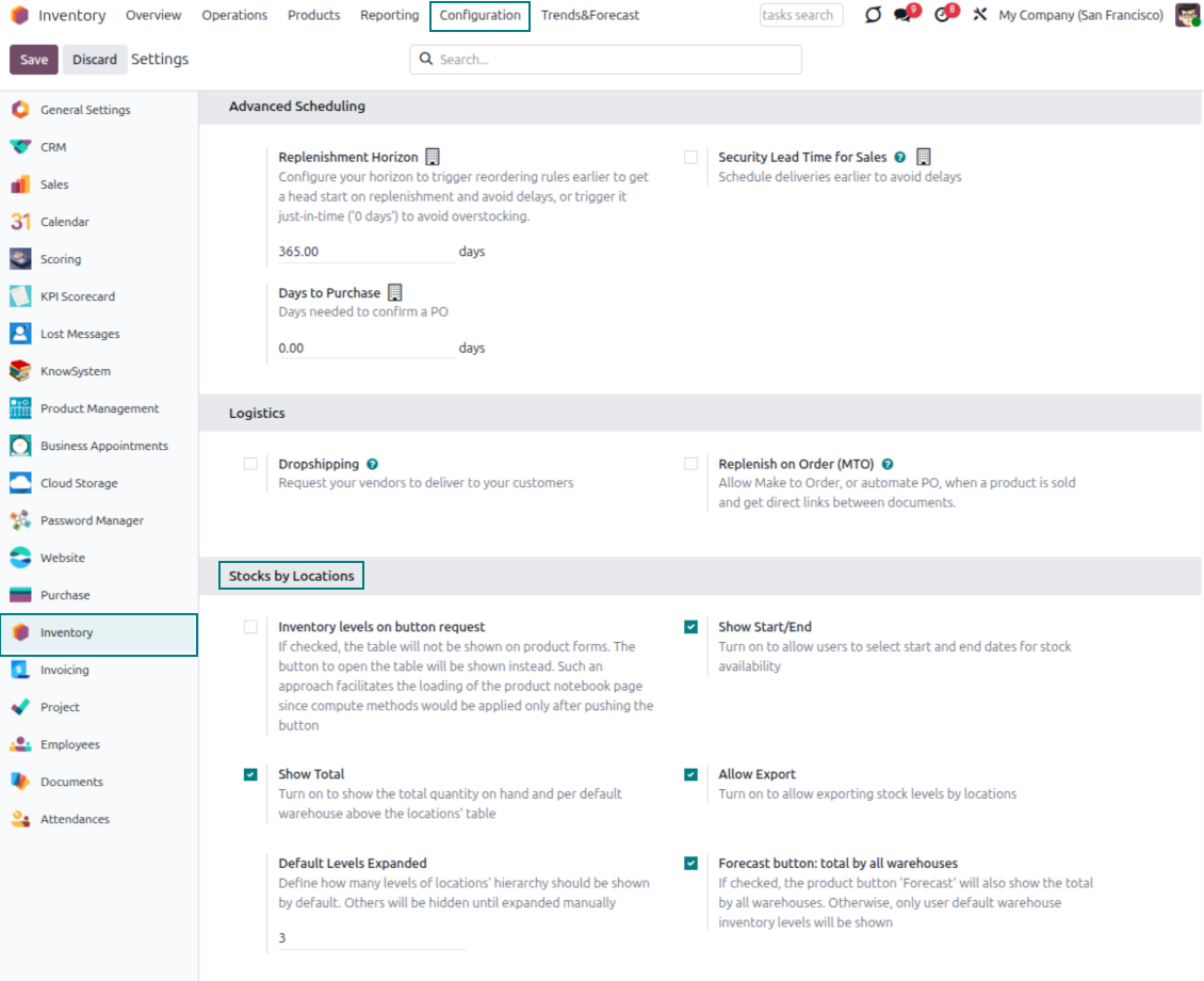 Setting up Odoo stocks by location