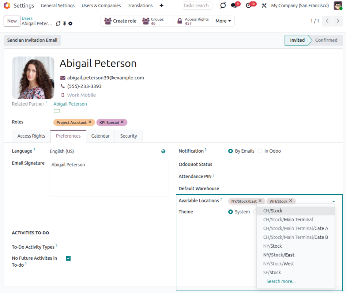 Available Odoo locations on a user form