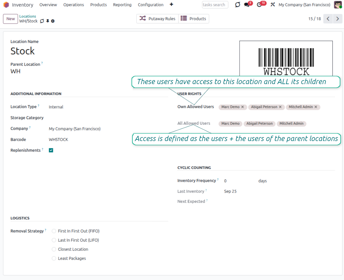 Odoo locations accepted users