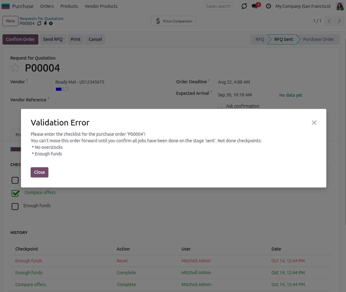 Validation error: the checklist is not approved