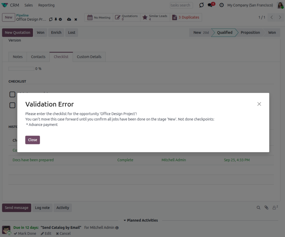 Validation error: the checklist is not approved