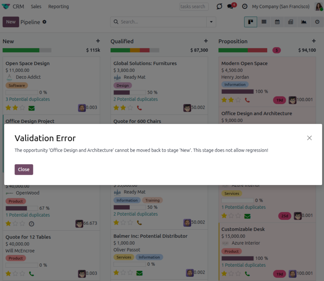 CRM warning: moving back is restricted