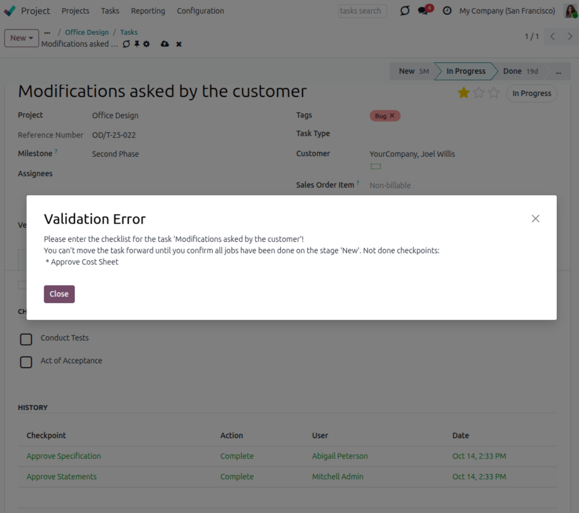 Validation error: the project checklist is not approved