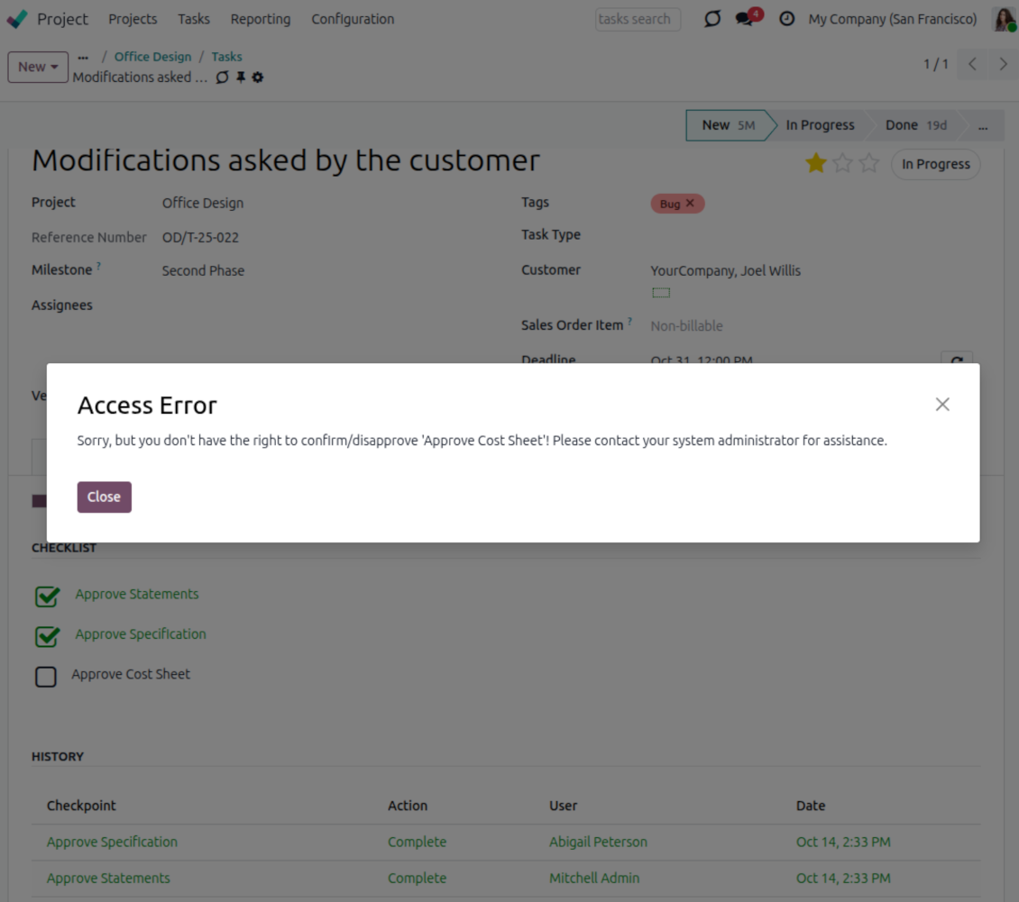 User groups per Odoo task checkpoint