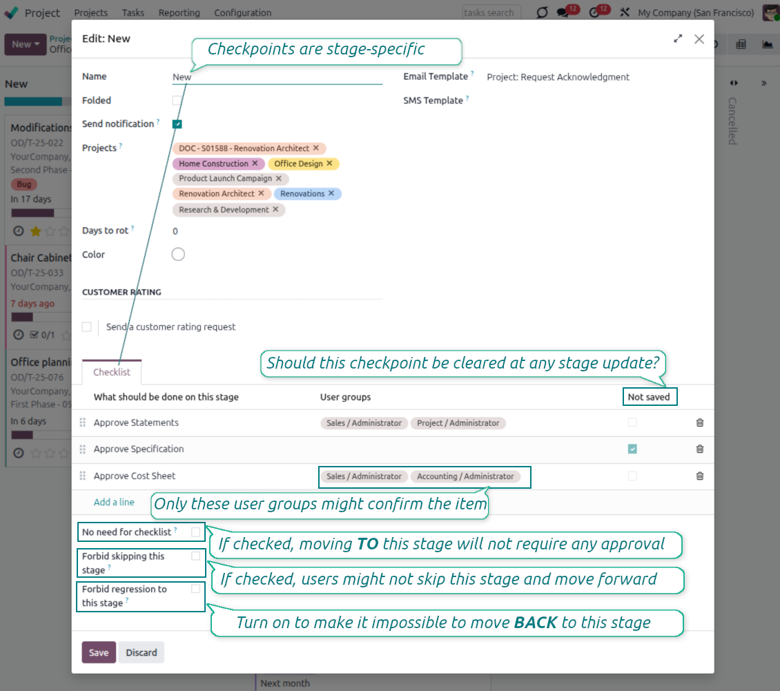 Check items per project stage