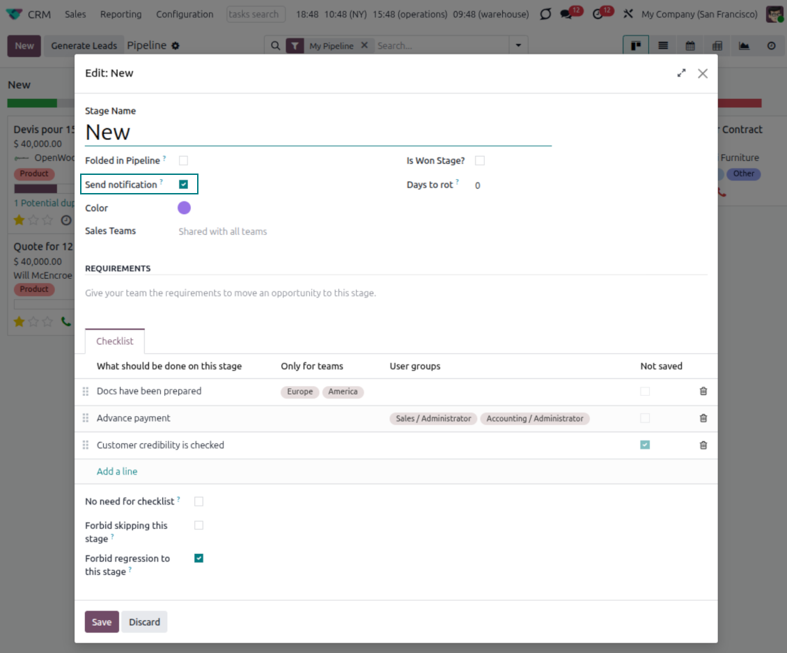 CRM stages for the reminder