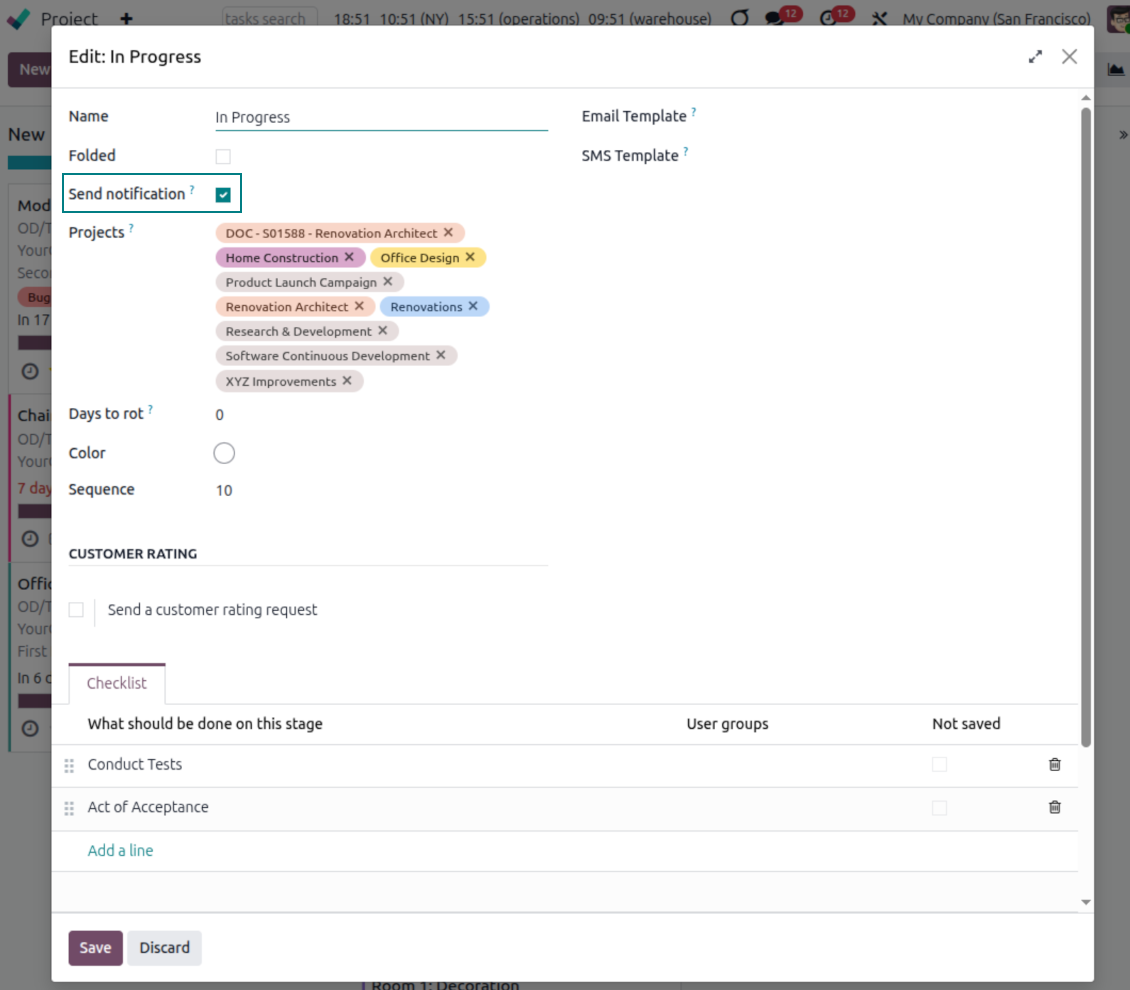 Project task stages for the reminder