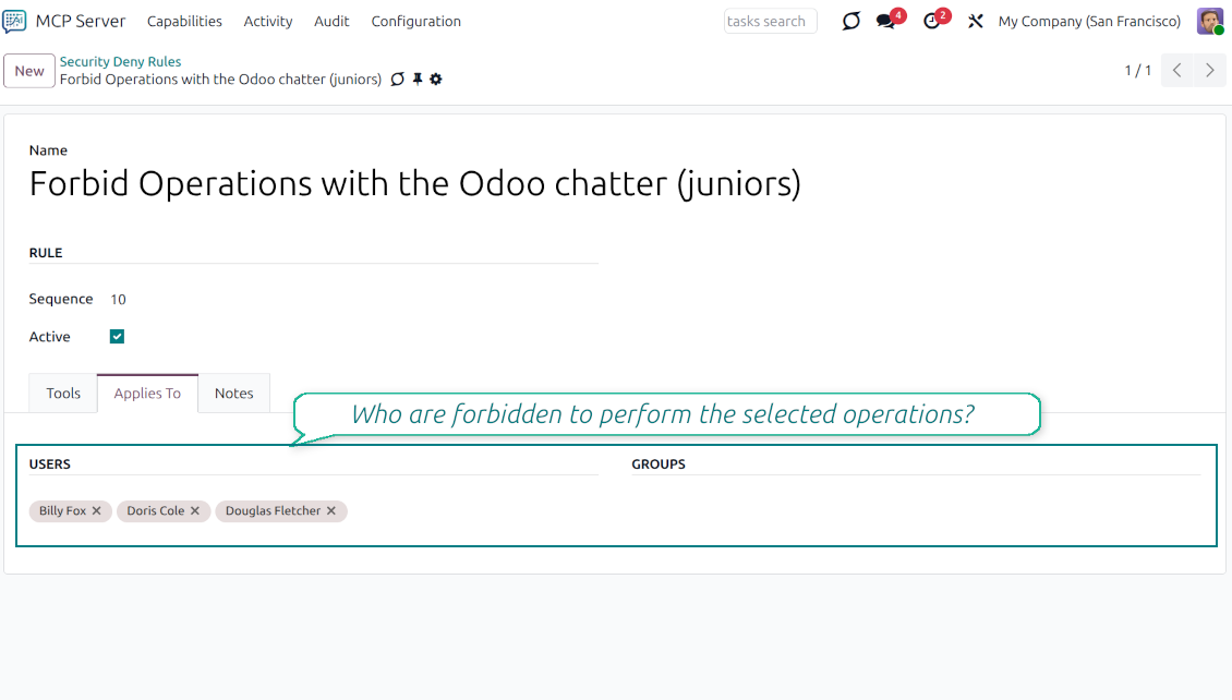 Odoo Security Deny Rules interface showing the Applies To tab where specific users are selected to be forbidden from performing AI-powered operations