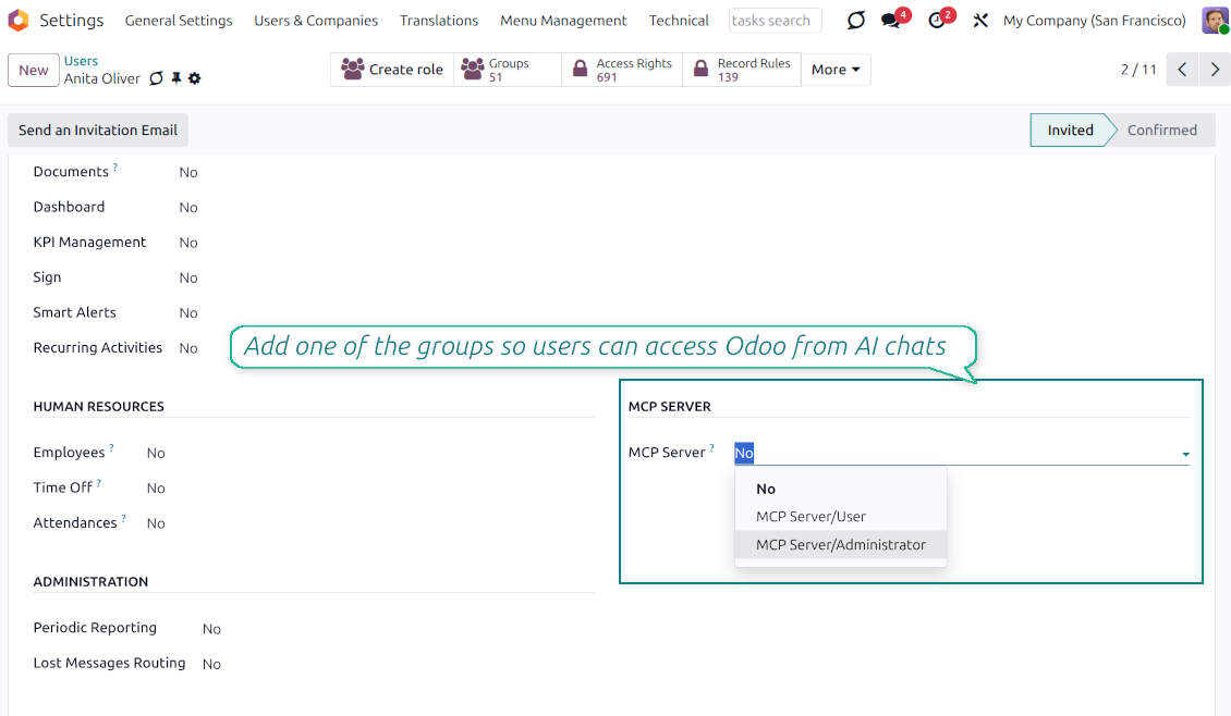 Odoo User settings page highlighting the MCP Server access rights field with options to assign User or Administrator roles for AI chat access.