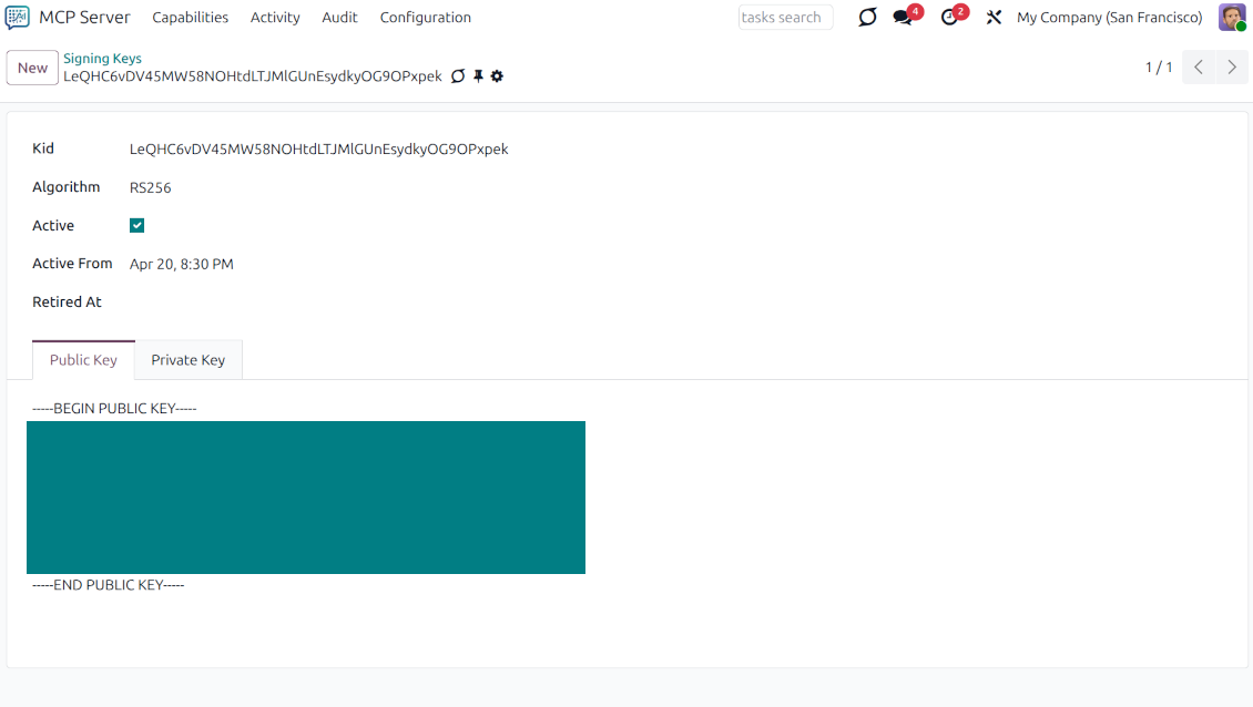 Management of signing keys in the Odoo MCP Server module, showing the public key configuration for secure authentication between Odoo and AI models.