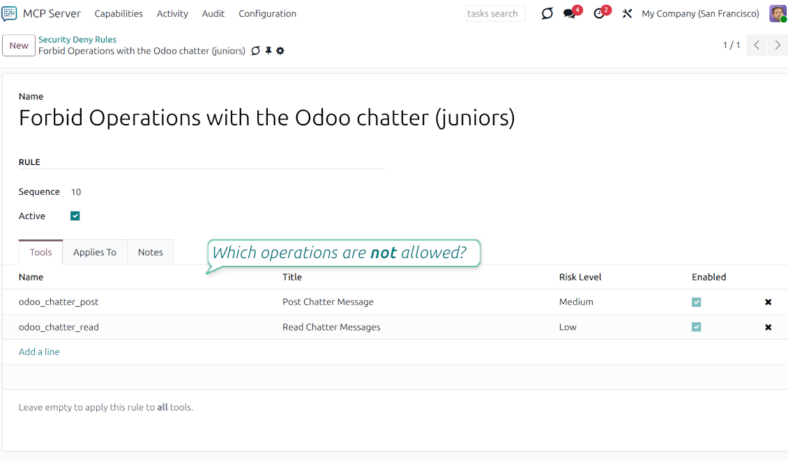 The Tools tab of a Security Deny Rule in Odoo, listing specific actions like reading or posting to chatter that are disabled for restricted users