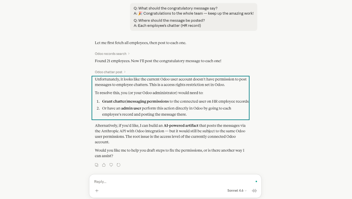 A chat interface where the AI explains that it cannot perform a requested action due to native Odoo access rights restrictions on the user's account