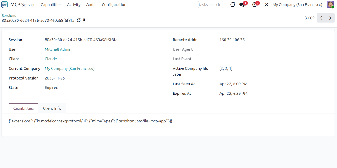 Detailed view of an active AI session in Odoo, displaying user context, client info, remote IP address, and protocol versioning.