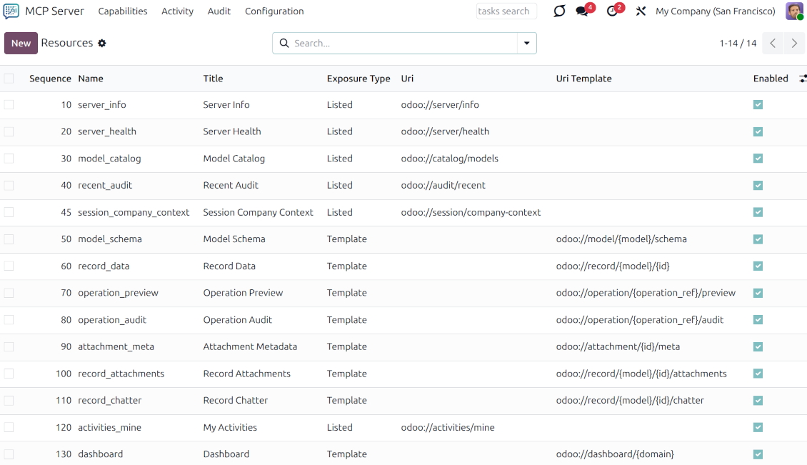 A list of Odoo resources (chatter, record data, attachments) exposed to the AI via URI templates with the ability to enable or disable them individually.