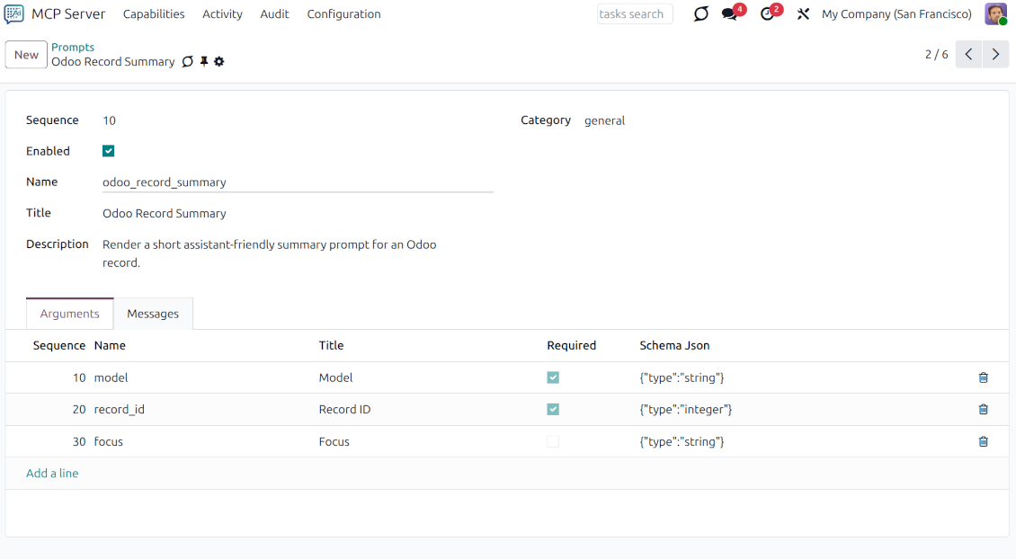 Interface for defining predefined LLM prompt templates in Odoo, featuring dynamic arguments like model and record ID for consistent AI summaries.