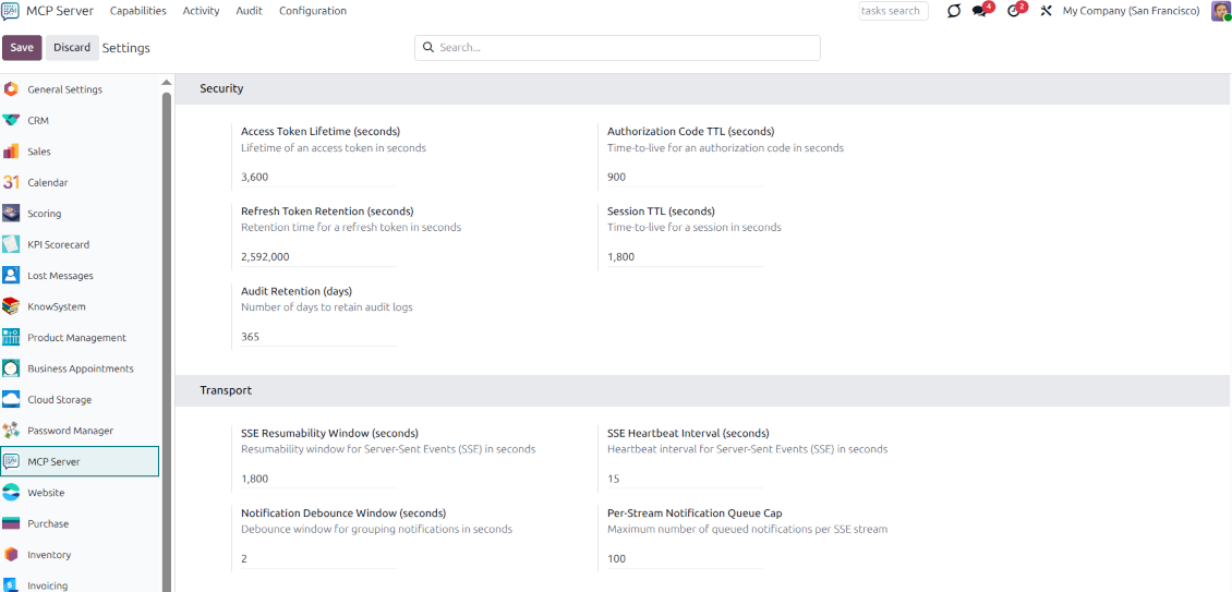 Main configuration panel for the MCP server in Odoo, managing token lifetimes, session TTL, and audit retention periods.
