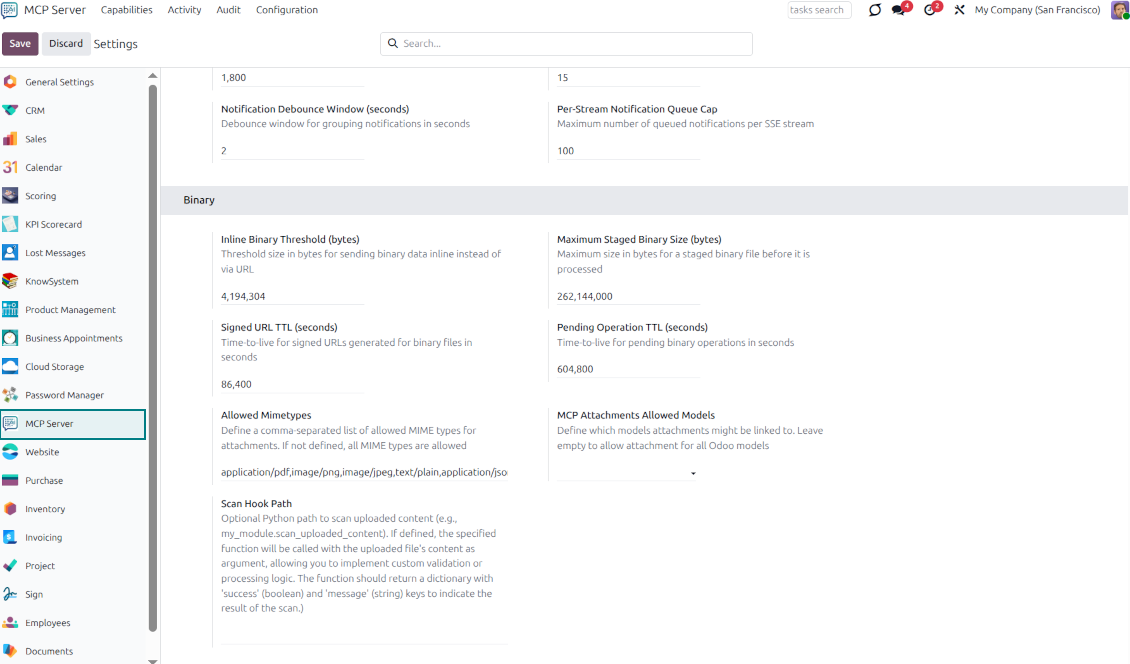 Settings for AI file interactions, including maximum upload sizes, allowed MIME types (PDF, images), and custom security scan hooks.