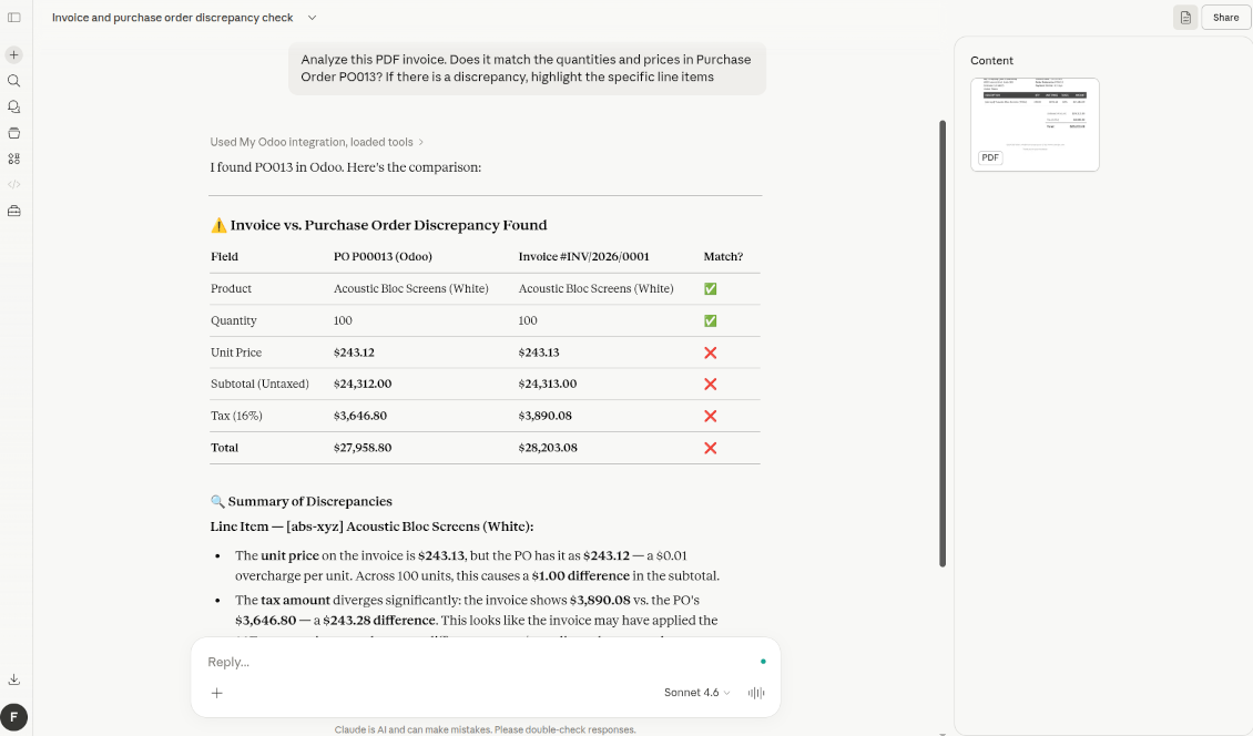 Discrepancy report generated by AI comparing a PDF invoice against an Odoo Purchase Order, highlighting price and tax mismatches.
