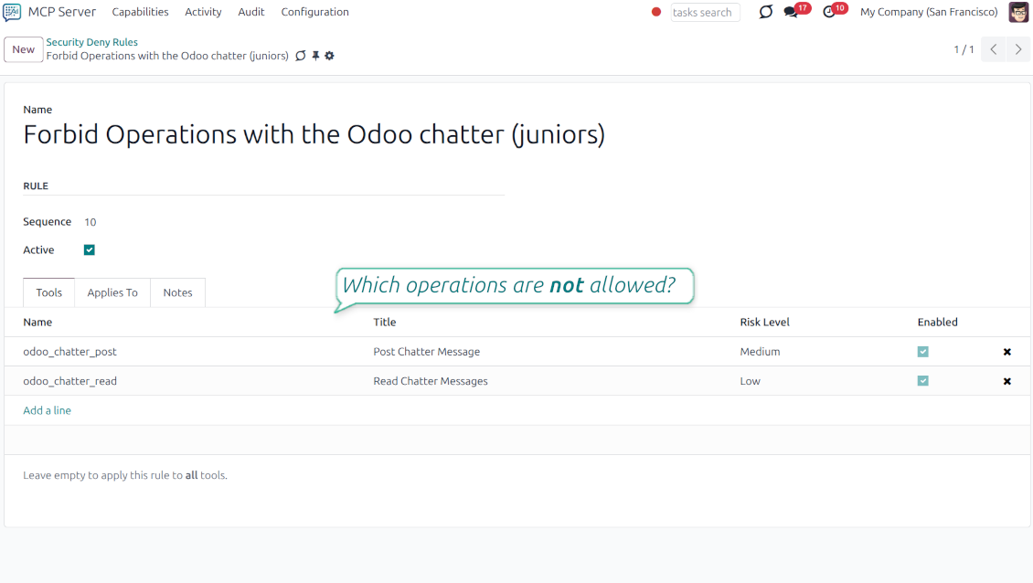 The Tools tab of a Security Deny Rule in Odoo, listing specific actions like reading or posting to chatter that are disabled for restricted users