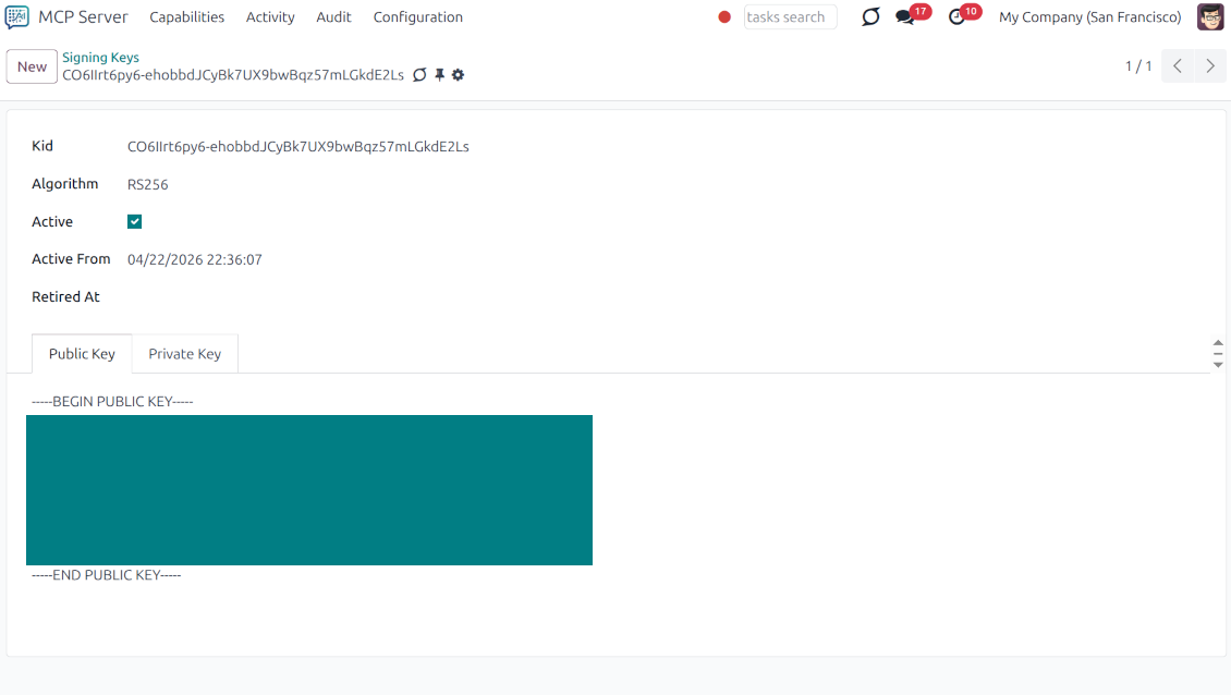Management of signing keys in the Odoo MCP Server module, showing the public key configuration for secure authentication between Odoo and AI models.