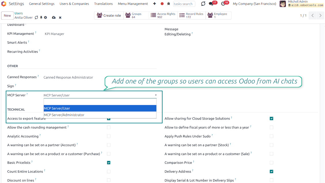 Odoo User settings page highlighting the MCP Server access rights field with options to assign User or Administrator roles for AI chat access.