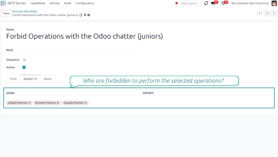 Odoo Security Deny Rules interface showing the Applies To tab where specific users are selected to be forbidden from performing AI-powered operations