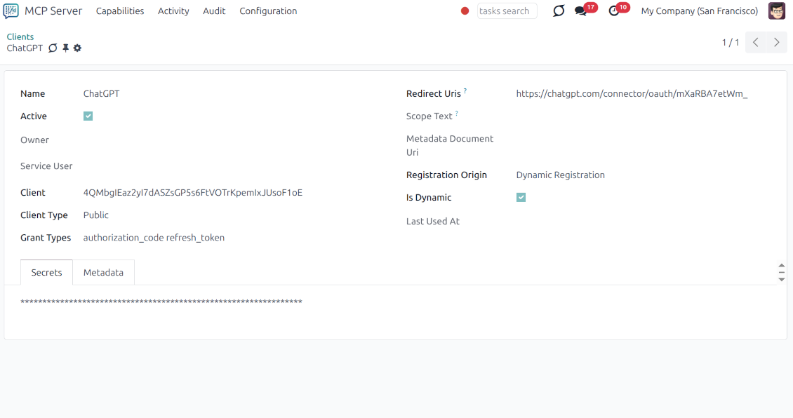 Configuration page for AI clients like Cursor or Claude, showing Redirect URIs, grant types, and dynamic registration settings for secure Odoo access.