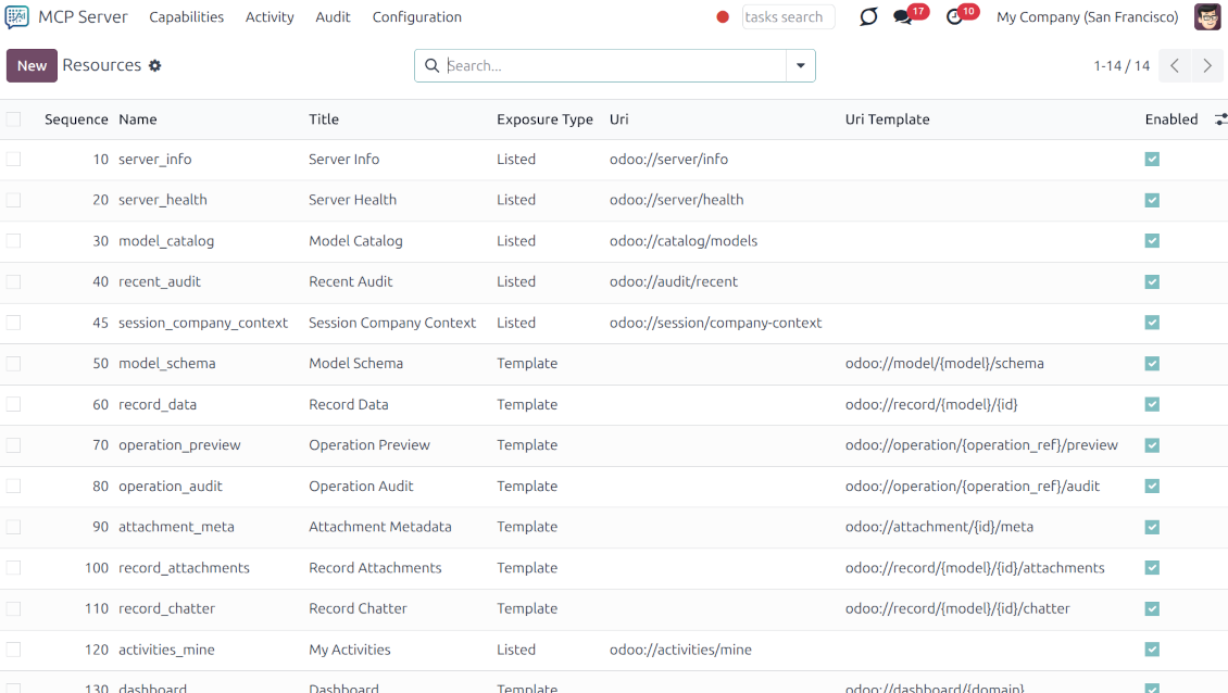 A list of Odoo resources (chatter, record data, attachments) exposed to the AI via URI templates with the ability to enable or disable them individually.