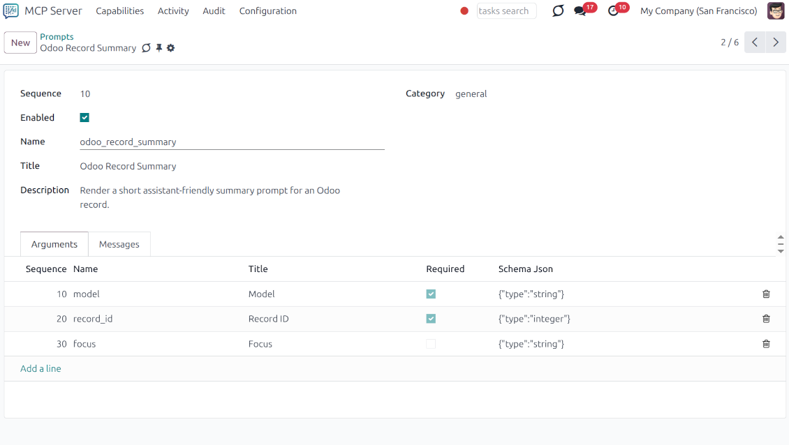 Interface for defining predefined LLM prompt templates in Odoo, featuring dynamic arguments like model and record ID for consistent AI summaries.